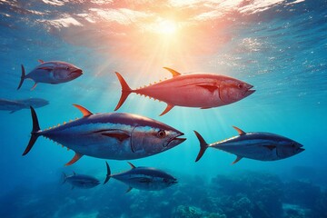 Fototapeta premium Schools of fish swim gracefully in clear ocean waters during sunset