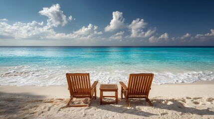 Relaxing beach chairs overlook the calm turquoise ocean under a bright sky