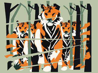 A colorful and stylish flat vector illustration featuring tropical birds interacting in a lush jungle. The design combines bold geometric shapes, abstract foliage, and a bright color palette 004