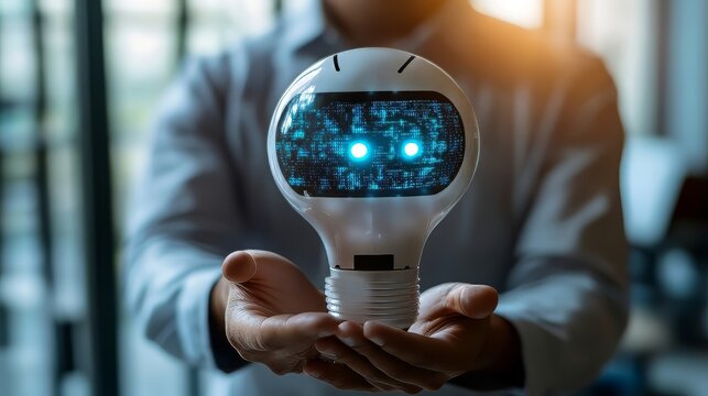 AI chatbot intelligent digital customer service: Artificial intelligence automatically responds to online messages to help customers instantly. Businessman holding light bulb with chatbot icon.