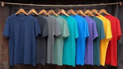 Obraz premium Colorful assortment of t-shirts displayed in a shop during daylight hours