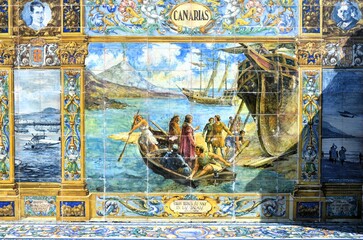 Seville, Spain 03.23.2019: representation of the Canary Islands as part of the 48 tiled Provincial...