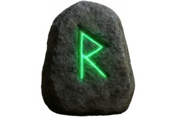 Glowing green algiz rune carved on stone surface, symbolizing spiritual protection and divine connection against transparent backdrop