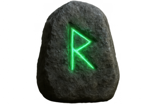 Glowing green algiz rune carved on stone surface, symbolizing spiritual protection and divine connection against transparent backdrop