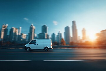 White van driving on city road during sunset with skyline in background