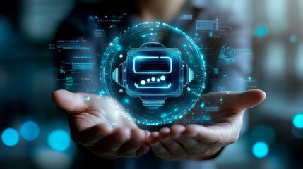 AI chatbot intelligent digital customer service: Artificial intelligence automatically responds to online messages to help customers instantly. Businessman holding light bulb with chatbot icon.