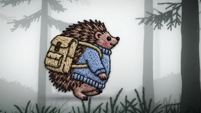 Embroidery of a cute hedgehog in a knitted sweater, walking with a backpack through a forest; a charming, handcrafted character video