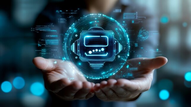 AI chatbot intelligent digital customer service: Artificial intelligence automatically responds to online messages to help customers instantly. Businessman holding light bulb with chatbot icon.