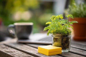 Enjoying a sunny morning with a cup of coffee and a potted plant on a wooden table