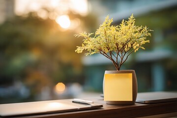 Natural decor in a workspace with a potted plant and sticky notes during sunset