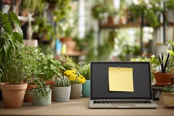 Laptop on desk surrounded by various potted plants in a bright indoor garden setting