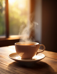 Fototapeta premium A teacup with rising steam on a wooden table near a window, soft blurry background with warm tones