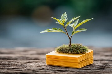 Fresh plant growing on a stack of yellow paper in a natural setting