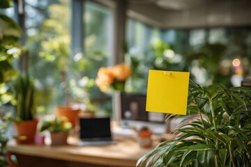 Bright yellow note on a green plant in a modern office filled with natural light