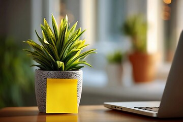 Lush green plant with sticky note beside a laptop on a wooden desk in a cozy workspace