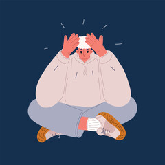 Cartoon vector illustration of a man pausing with hands on head, symbolizing information overload, decision fatigue, and need for a mental break against dark background