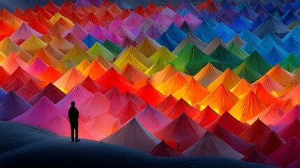 Colorful tents illuminate vast landscape during nighttime festival event at scenic location