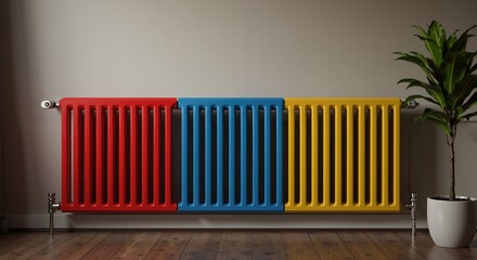 Colorful red blue yellow radiators on gray wall with green plant in white pot. Modern heating system design. HVAC services, radiators, heating systems, energy efficiency solutions sale. 