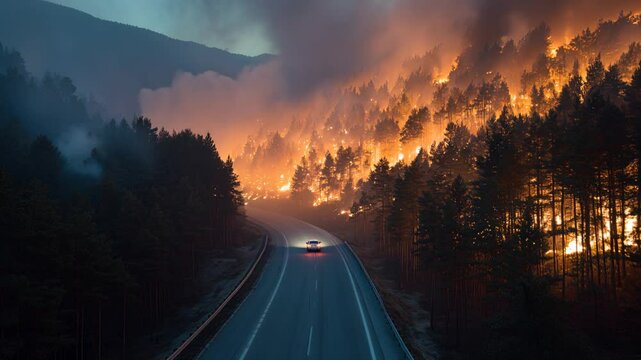 Car driving on mountain road near massive forest fire, dramatic wildfire at dusk with glowing flames and smoke.