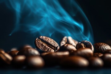 Roasted coffee beans with blue smoke, perfect mood for a cup. Ideal for coffee branding, product shots, and other related contents.