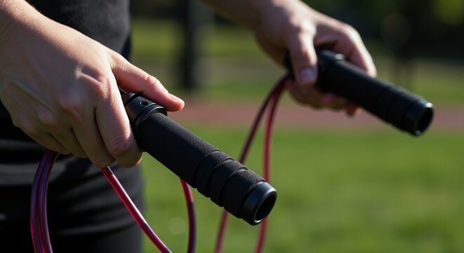 Hands holding jump rope handles outdoors on green grass. Fitness equipment with red cord. Exercise and workout concept for sports training