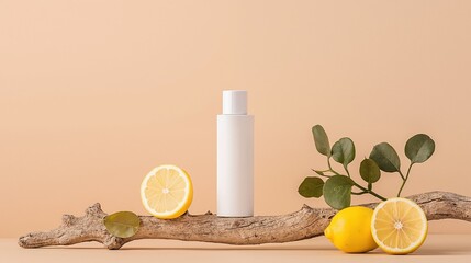 Fototapeta premium White cosmetic bottle with lemon slices and eucalyptus branch on wooden surface. Natural skincare product with citrus vitamin C ingredients composition
