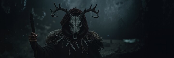 Naklejka premium Dark hooded figure with deer skull mask and antlers in misty forest holding staff. Gothic horror character with bone decoration. Halloween and fantasy concept