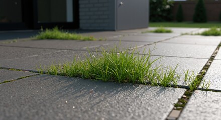 Green grass growing through concrete pavement cracks on urban sidewalk with modern building background. Nature resilience and environmental sustainability concept