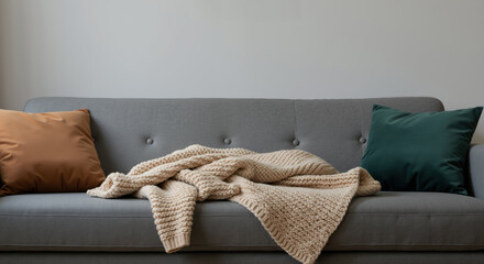 Cream colored knit throw blanket with brown and green velvet pillows on gray tufted sofa. Elegant home decor arrangement. Living room comfort and style concept