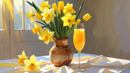 A bright glass of orange juice with daffodil flowers in the background, evoking freshness, springtime, and healthy living.