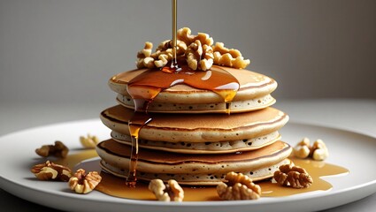 Fluffy pancake stack drizzled with syrup and topped with nuts, perfect for cozy breakfast scenes and food content.