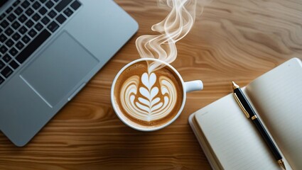 A steamy cup of coffee beside a laptop, perfect for productivity, morning routines, and work-from-home lifestyle.