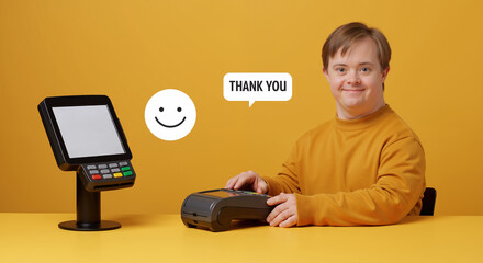 Smiling man with Down syndrome operating payment terminal with thank you message and smiley face on yellow background. Inclusive customer service and accessibility technology concept