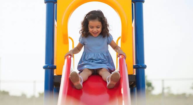 Happy girl with curly hair sliding down red playground slide with blue yellow equipment. Joyful child enjoying outdoor play activities in park. Summer recreation concept