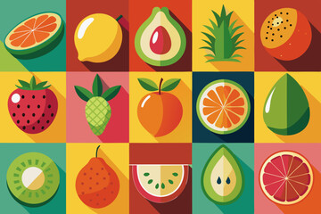 Colorful flat lay illustration of various fruits