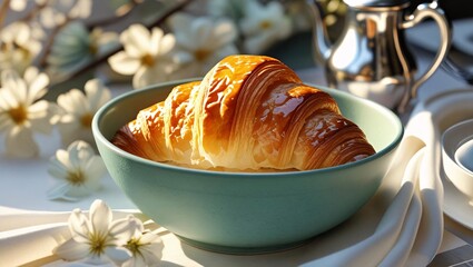 Golden, flaky French croissant on a clean surface with soft light, ideal for bakery, breakfast, and lifestyle food visuals.