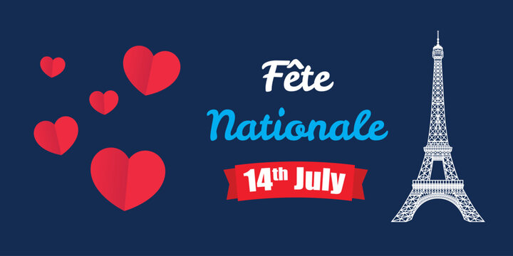 Fête Nationale Celebration Featuring Eiffel Tower and 3D red Hearts on a Blue Background - Powered by Adobe