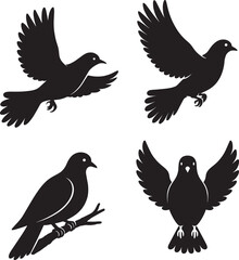 Dove Silhouette Front View – Partially Open Wings Symbolic Bird Icon, Black and White Dove with Raised Wings – Spiritual Peace Bird Vector