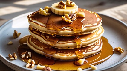 Fluffy pancake stack drizzled with syrup and topped with nuts, perfect for cozy breakfast scenes and food content.