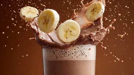 Banana Slices Splashing into Chocolate Milkshake