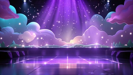 Purple spotlight stage with dreamy cloud and star elements, ideal for music, entertainment, fantasy, or digital event backgrounds.