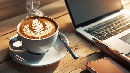 A steamy cup of coffee beside a laptop, perfect for productivity, morning routines, and work-from-home lifestyle.