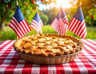 Patriotic Picnic Perfection: Homemade pie, ripe apples, and charming American flags create the ultimate 4th of July scene. Celebrate family, food, and national pride.