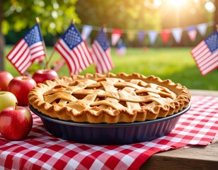 Taste of America: A mouth-watering apple pie on a picnic table, with American flag bunting in the background. Capture the essence of Fourth of July traditions.