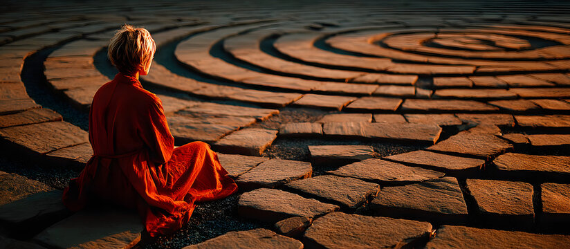 Frau sitzt in einem Labyrinth