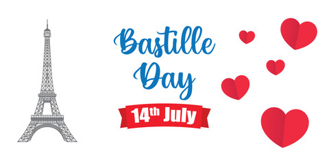 Bastille Day Celebration with Eiffel Tower and Red Hearts on July 14th