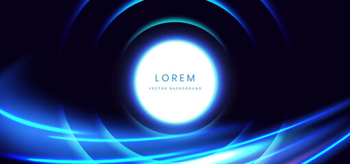Circle glowing with blue curved ray decoration on dark blue background. Hi-speed motion moving concept.