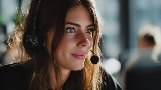 Agent operator woman wearing headset working at computer station talking on call delivering support service solutions helping customers troubleshoot errors with efficient support and service