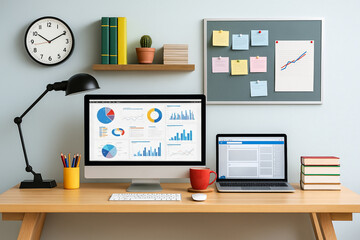 Computer desk, workplace cartoon, business concept