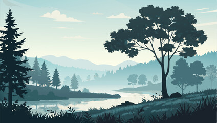 A serene illustration of a misty forest landscape beside a calm river.